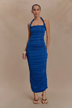Load image into Gallery viewer, MESHKI CAMILA RUCHED HALTER MIDI DRESS - COBALT