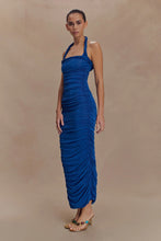 Load image into Gallery viewer, MESHKI CAMILA RUCHED HALTER MIDI DRESS - COBALT