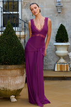 Load image into Gallery viewer, RUNAWAY THE LABEL SOPHIA V-NECK LACE TRIM MAXI DRESS - PLUM

