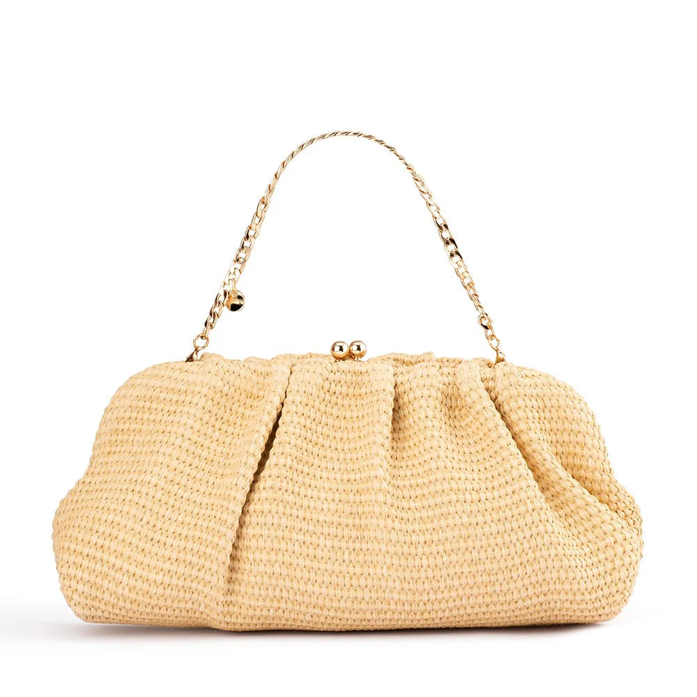 OLGA BERG QUEENIE GATHERED WOVEN CLUTCH