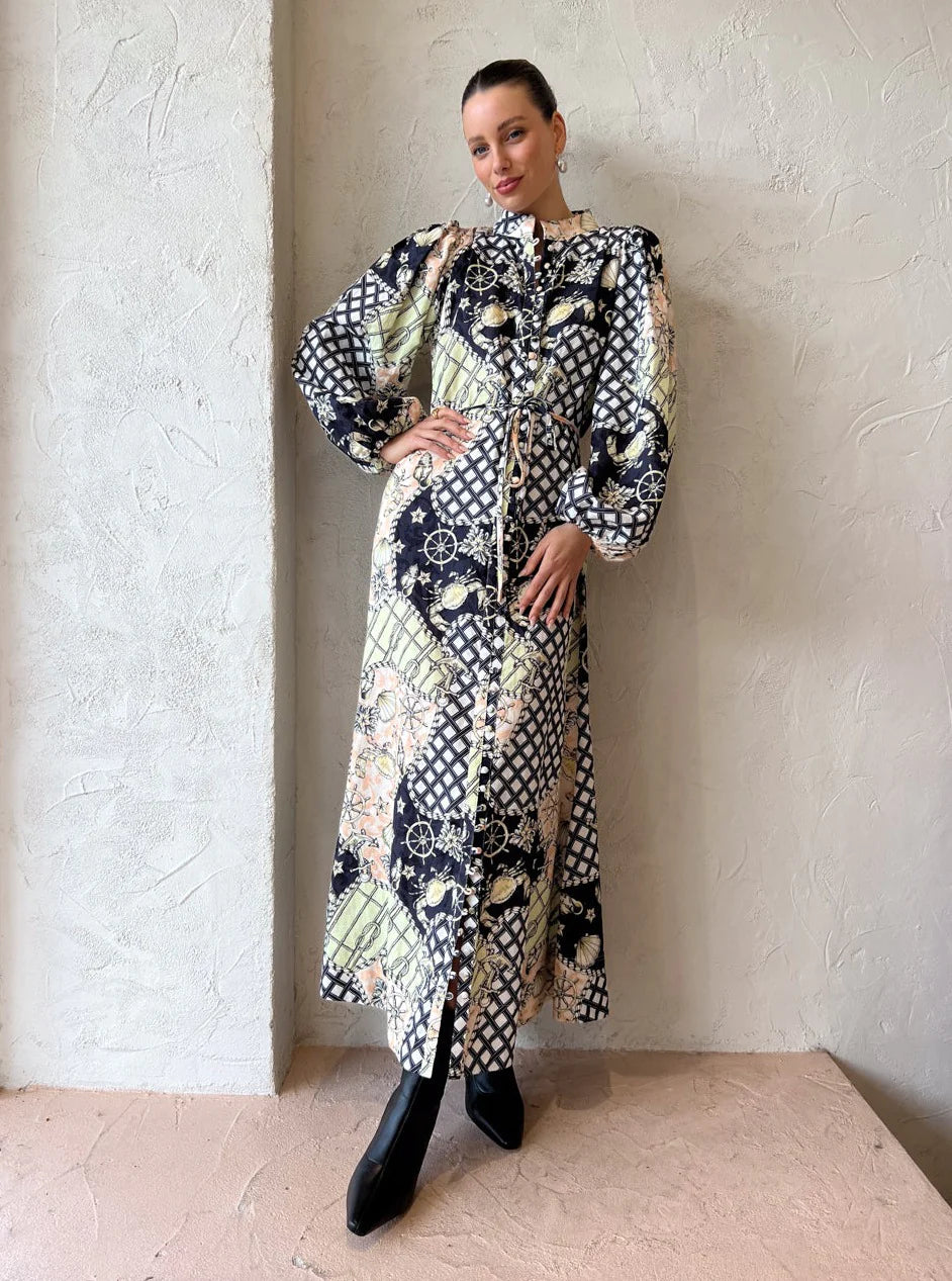 BY NICOLA SAIL MAXI BILLOW SLEEVE DRESS IN GEO/NAUTICAL
