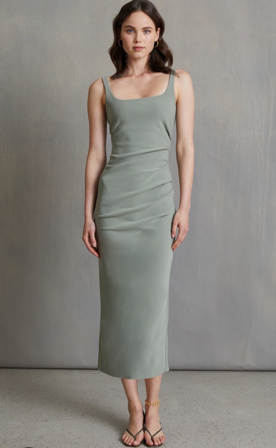BEC AND BRIDGE SQUARE NECK MIDI DRESS - SAGE Rentedstyle BEC AND BRIDGE SQUARE NECK MIDI DRESS - SAGE Rentedstyle